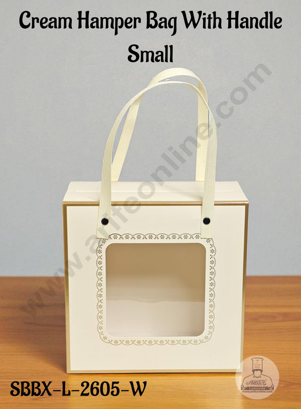 Small Cream Hamper Bag with Handle & Window – Hamper Box | 8 X 8 X 4 | 1 pc pack - CAKE DECOR™