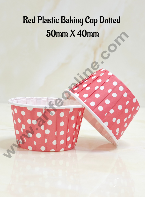 Cake Decor™ Red Plastic Baking Cup Dotted Direct Bake-able Paper Muffin Cups (50mm X 40mm ) (100 Pcs)