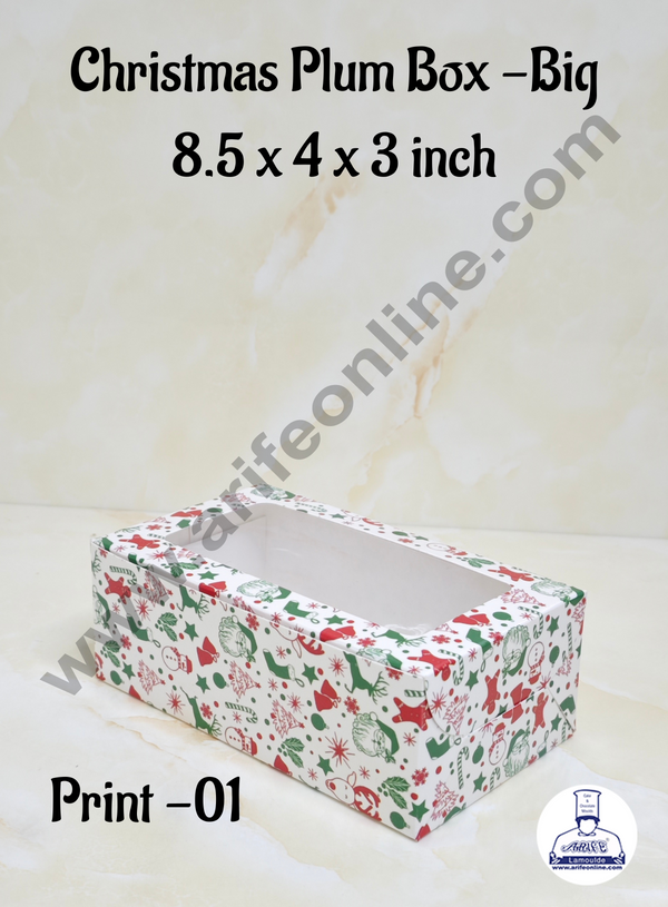 CAKE DECOR™ White Christmas Theme Plum Cake Box Clear Window, Plum Carriers- Big (10 Pcs Pack)