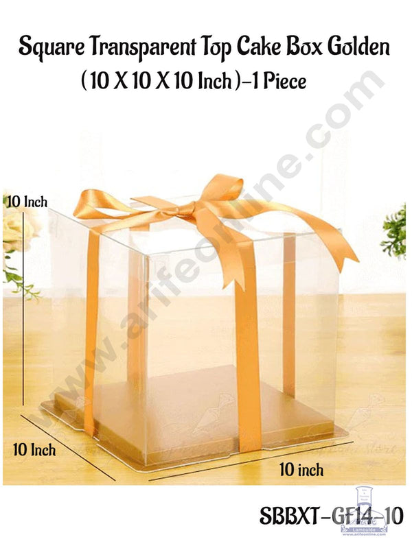 CAKE DECOR™ 1 Piece Transparent Lid  Square Cake Box With Golden Base  | Gift Box | Hamper Box | Pinata Box - (10 X 10 X 10 Inch)