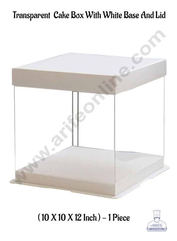 CAKE DECOR™ 1 Piece Transparent Square Cake Box With White Base & Lid | Gift Box | Hamper Box | Pinata Box - (10 X 10 X 12 Inch)