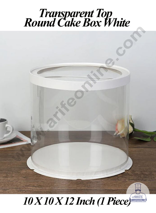 CAKE DECOR™ 1 Piece Transparent Top Round Cake Box White | Gift Box | Hamper Box | Pinata Box - (10 X 10 X 12 Inch)