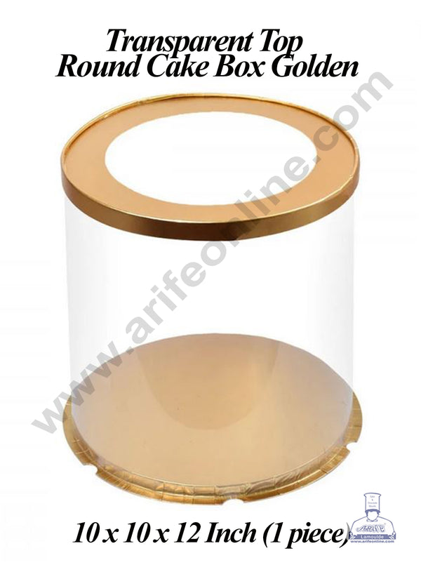 CAKE DECOR™ 1 Piece Transparent Top Round Cake Box Golden | Gift Box | Hamper Box | Pinata Box - (10 X 10 X 12 Inch)