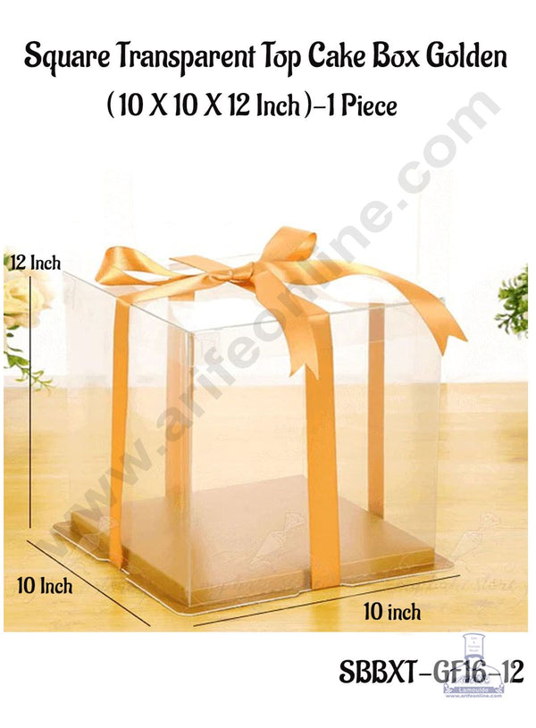 CAKE DECOR™ 1 Piece Transparent Lid  Square Cake Box With Golden Base  | Gift Box | Hamper Box | Pinata Box - (10 X 10 X 12 Inch)