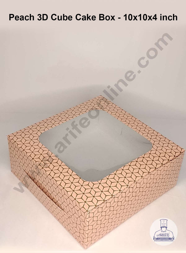 CAKE DECOR™ 3D Cube Print Cake Boxes Peach Color Paper Boxes - 10x10x4 Inch Pack of 5 Pieces