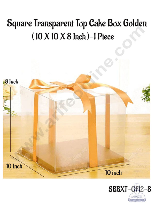 CAKE DECOR™ 1 Piece Transparent Lid  Square Cake Box With Golden Base  | Gift Box | Hamper Box | Pinata Box - (10 X 10 X 8 Inch)