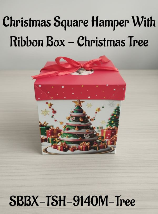 Christmas Square Hamper Box With Ribbon - Christmas Tree | 15 x 15 x 15 cm | 1 Piece - CAKE DECOR™