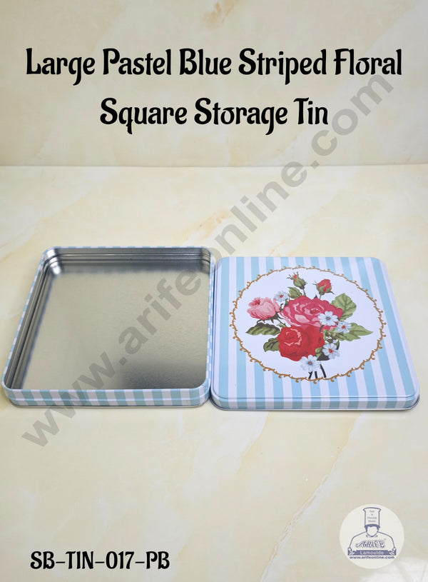 CAKE DECOR™ Large Pastel Blue Striped Floral Square Storage Tin - SB-TIN-017-PB