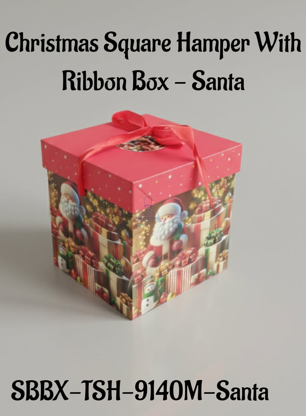 Christmas Square Hamper Box With Ribbon - Santa | 15 x 15 x 15 cm | 1 Piece - CAKE DECOR™