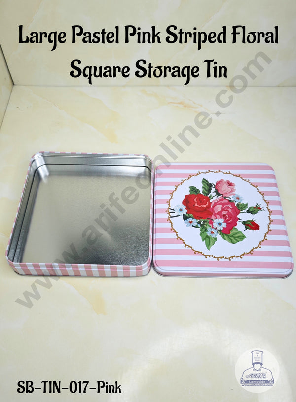 CAKE DECOR™ Large Pastel Pink Striped Floral Square Storage Tin - SB-TIN-017-Pink
