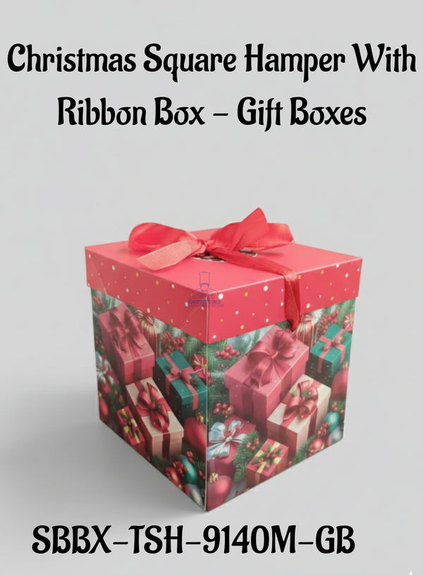 Christmas Square Hamper Box With Ribbon - Gift Boxes | 15 x 15 x 15 cm | 1 Piece - CAKE DECOR™