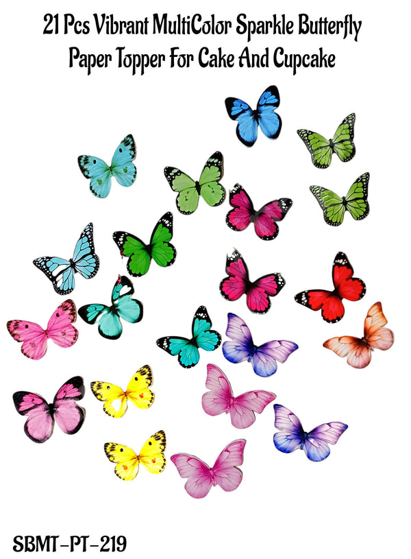 CAKE DECOR™ 21 Pcs Vibrant MultiColor Sparkle Butterfly Paper Topper For Cake And Cupcake