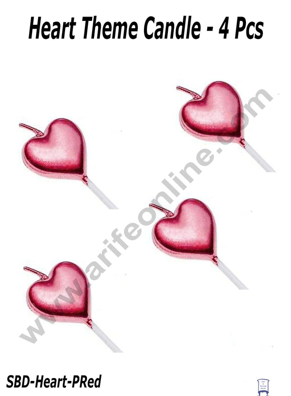 Cake Decor Heart Theme Candle for Party Decoration for Cake and Cupcake - Pinkish Red - Set of 4 Pcs