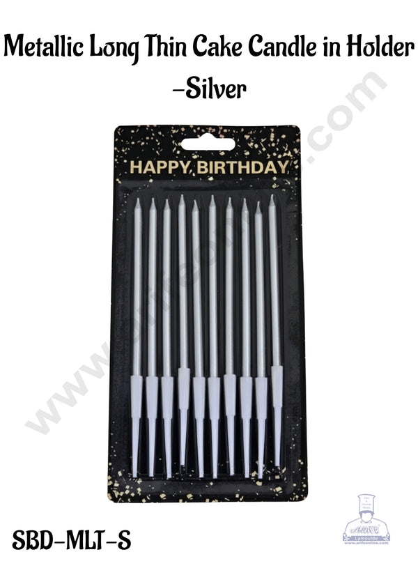 Metallic Long Thin Cake Candle in Holder for Party Decoration for Cake and Cupcake - Silver- Pack of 10 Pc - CAKE DECOR™