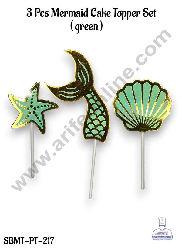 CAKE DECOR™ 3 Pcs Green Mermaid Cake Topper Paper Set