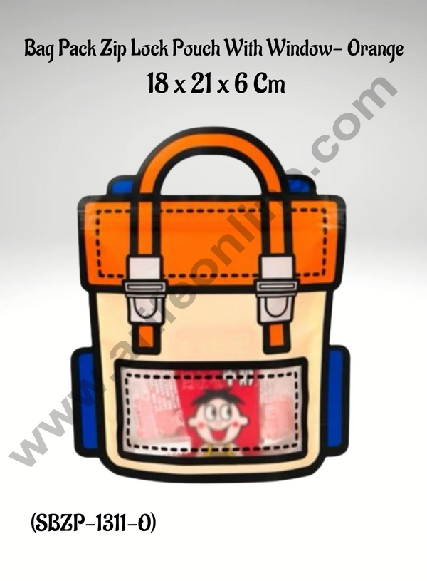 CAKE DECOR™ Bag Pack Zip Lock Pouch With Window - Orange color (18 x 21 x 6 Cm) - 1 Piece