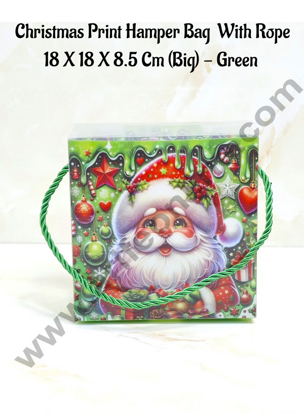 CAKE DECOR™ Christmas Print Hamper Bag With Rope 18 X 18 X 8.5 Cm (Big) - Green | Hamper Bag | Gift Box | Gift Bag with Handle (1 Pcs Pack)