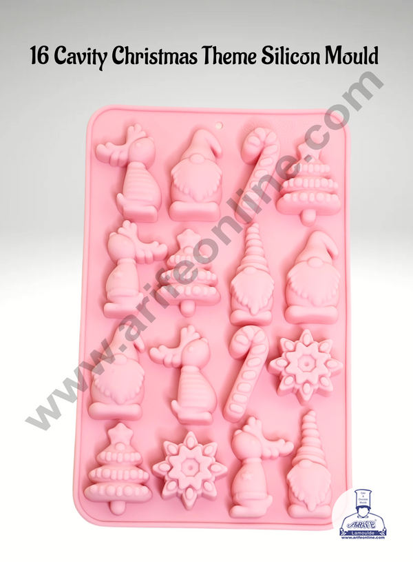 CAKE DECOR™ 16 Cavity Silicon Christmas Theme Tree, Snowman, candy, Santa Gift Silicon Chocolate Mould Jelly Mould