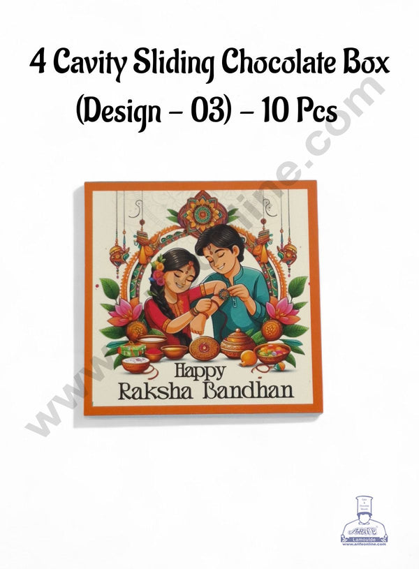 4 Cavity Raksha Bandhan Sliding Chocolate Box (Design - 03) Without Cavity (10 Pcs Pack) - CAKE DECOR™