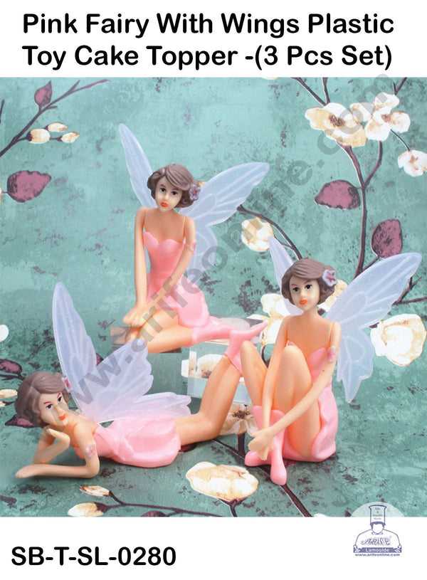 CAKE DECOR™ 3 Pieces Pink Fairy With Wings Plastic Toys for Cake Toppers SB-T-SL-0280