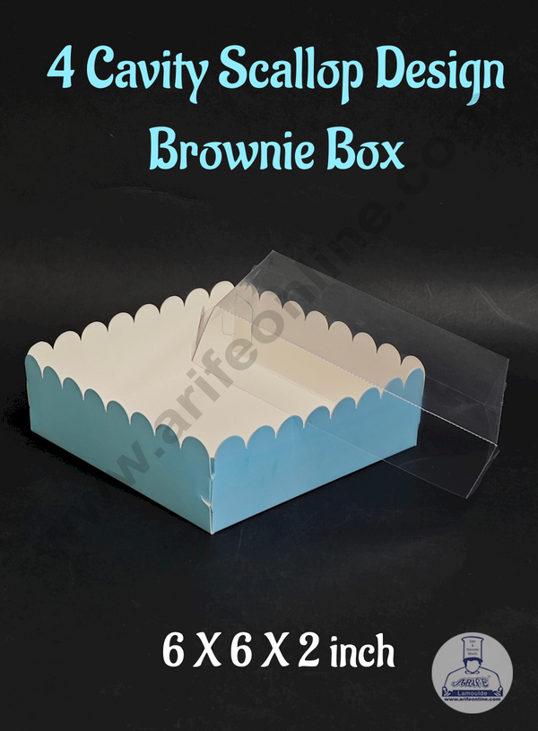 CAKE DECOR™ 4 Cavity Blue Brownie Box with Scallop Design With Lid | Premium Dessert & Sweet Box – (Pack of 5)