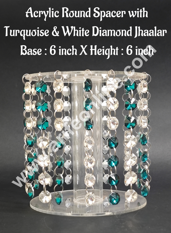 CAKE DECOR™ 6-Inch Acrylic Round Spacer with Turquoise & White Diamond Jhaalar | Elegant Cake & Cupcake Decoration Stand/Spacer