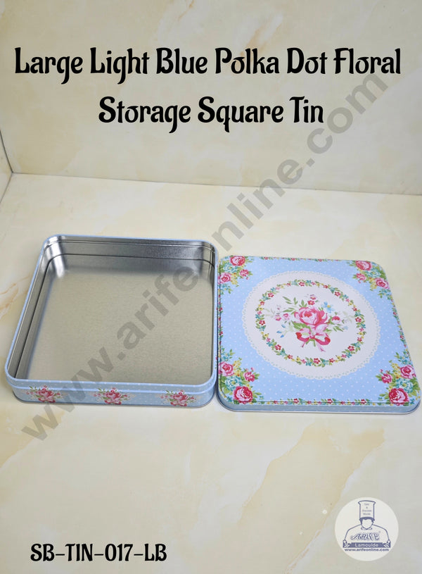 CAKE DECOR™ Large Light Blue Polka Dot Floral  Storage Square Tin - SB-TIN-017-LB