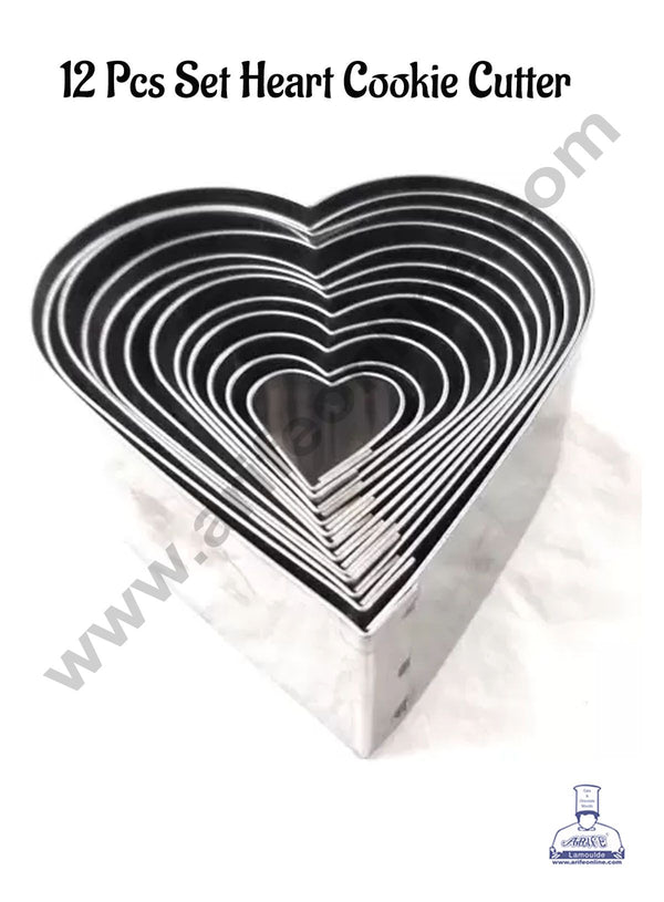 CAKE DECOR™ 12 Pcs Heart Shape Stainless Steel Cookie Cutter, Cutter Bakeware Mould Biscuit