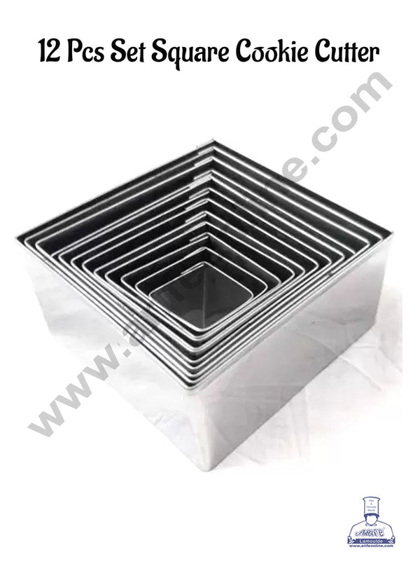 CAKE DECOR™ 12 Pcs Square Shape Stainless Steel Cookie Cutter, Cutter Bakeware Mould Biscuit