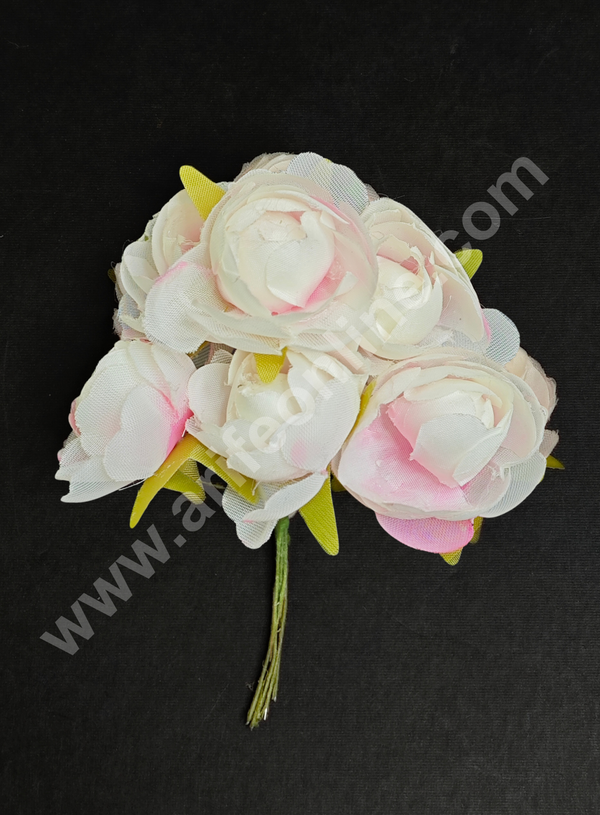 CAKE DECOR™  Small Peony Artificial Flower Bunch For Cake Decoration –White & Pink ( 6 pc pack )