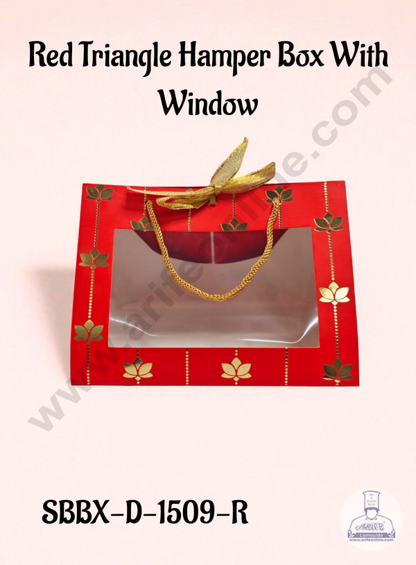 Red Triangle Hamper Box with Window – Gold Lotus Print & Rope Handle | 19 x 16 x 15 cm | 1 pc (SBBX-D-1509-R)  - CAKE DECOR™