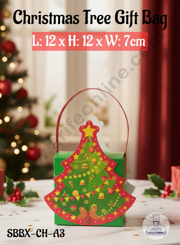 CAKE DECOR™ Christmas Tree Gift Bag- 12X7X12 cm| Gift Bag with Handle (10 Pcs Pack) - Green
