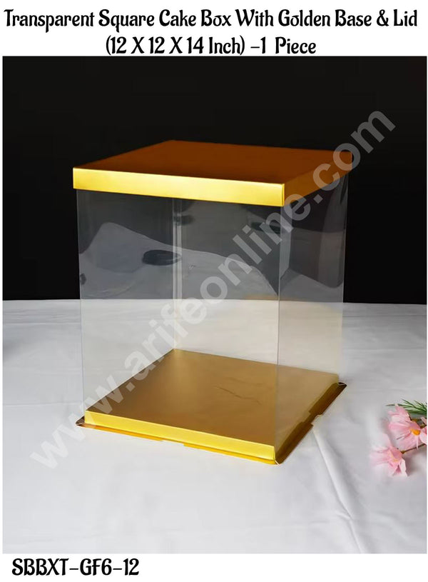 CAKE DECOR™ 1 Piece Transparent Square Cake Box With Golden Base & Lid | Gift Box | Hamper Box | Pinata Box - (12 X 12 X 14 Inch)