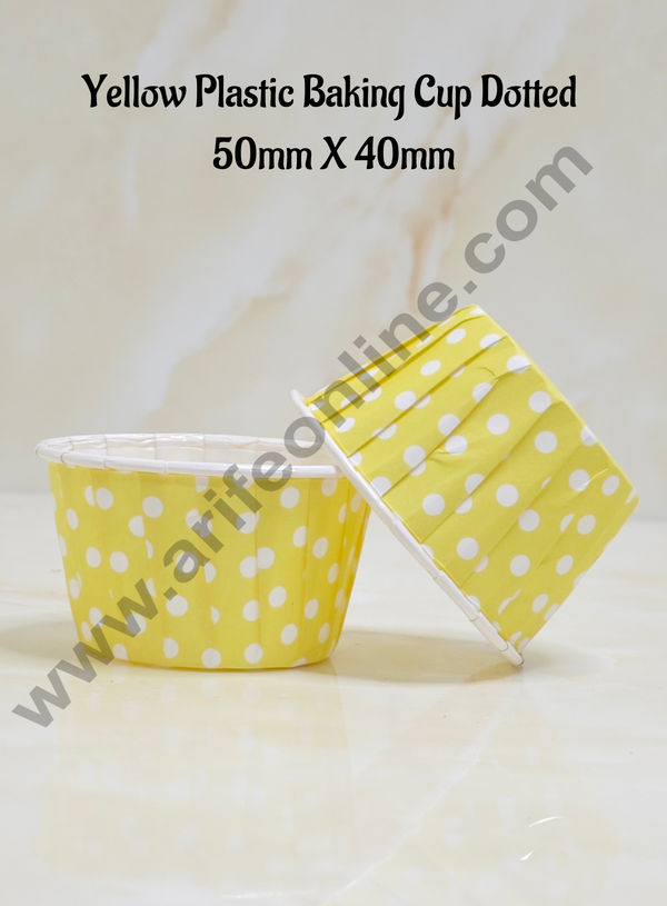 Cake Decor™ Yellow Plastic Baking Cup Dotted Direct Bake-able Paper Muffin Cups (50mm X 40mm ) (100 Pcs)