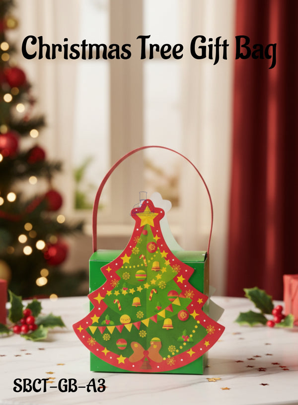 CAKE DECOR™ Christmas Tree Gift Bag- 12X7X12 cm| Gift Bag with Handle (1 Pcs Pack) - Green