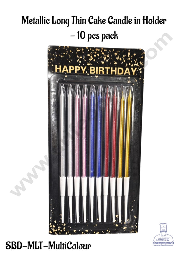Metallic Long Thin Cake Candle in Holder -  Multicolour - 10 pcs pack - CAKE DECOR™