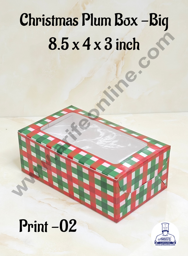 CAKE DECOR™ Red & Green Checks Christmas Theme Plum Cake Box Clear Window, Plum Carriers- Big (10 Pcs Pack)