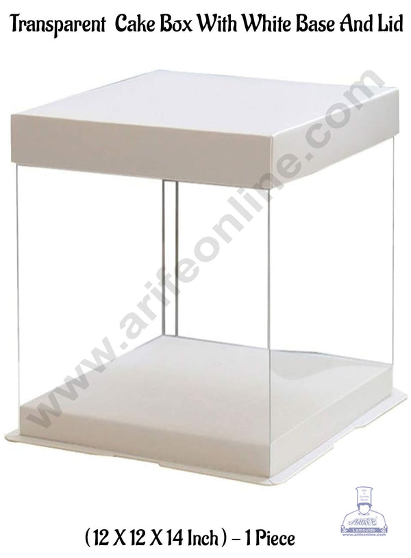 CAKE DECOR™ 1 Piece Transparent Square Cake Box With White Base & Lid | Gift Box | Hamper Box | Pinata Box - (12 X 12 X 14 Inch)