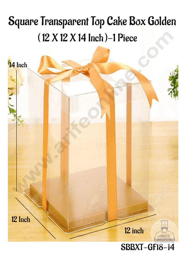 CAKE DECOR™ 1 Piece Transparent Lid  Square Cake Box With Golden Base  | Gift Box | Hamper Box | Pinata Box - (12 X 12 X 14 Inch)