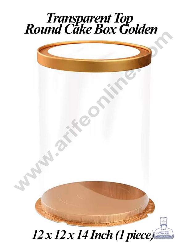 CAKE DECOR™ 1 Piece Transparent Top Round Cake Box Golden | Gift Box | Hamper Box | Pinata Box - (12 X 12 X 14 Inch)