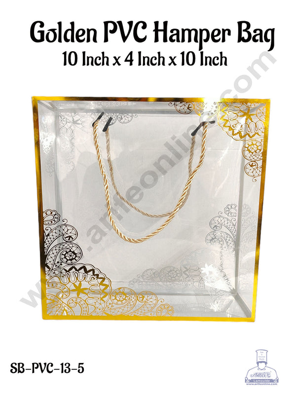 CAKE DECOR™ Golden Pattern PVC Hamper Bag - 10 X 4 X 10 Inch | Gift Box | Gift Bag with Handle (5 Pcs Pack)