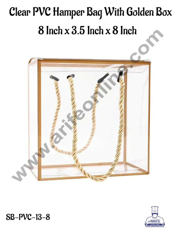 CAKE DECOR™ Big Clear PVC Hamper Bag with Golden Border - 8 X 3.5 X 8 Inch| Gift Box | Gift Bag with Handle (5 Pcs Pack)