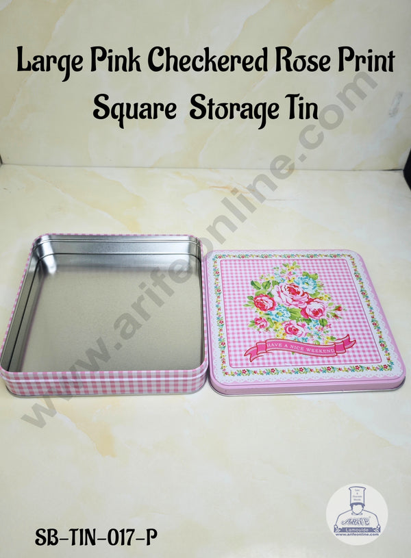 CAKE DECOR™ Large Pink Checkered Rose Print Square  Storage Tin - SB-TIN-017-P
