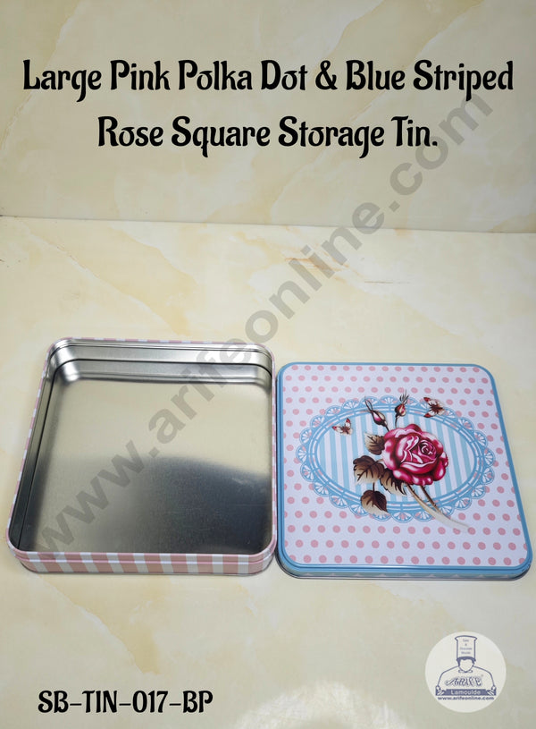 CAKE DECOR™ Large Pink Polka Dot & Blue Striped Rose Square Storage Tin - Length : 19 cm x  Breadth : 19 cm x Height: 4 cm