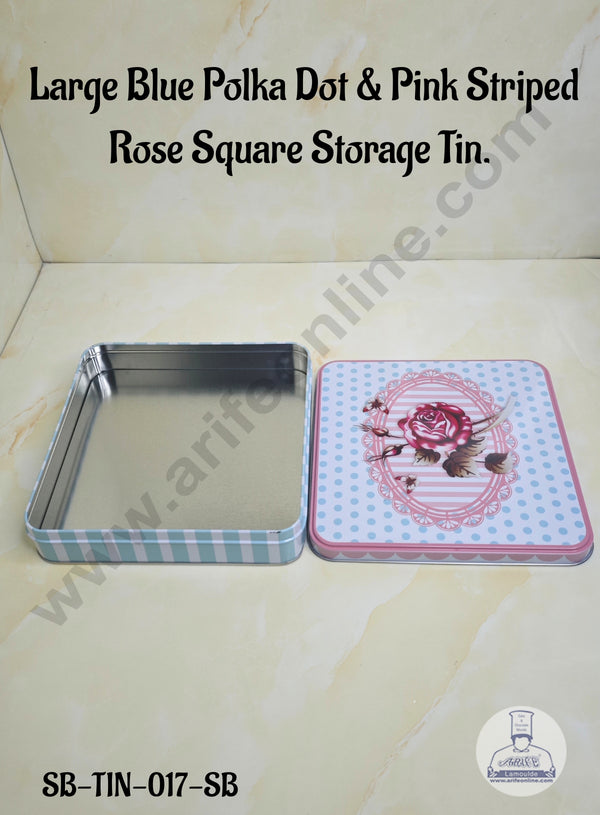 CAKE DECOR™ Large Blue Polka Dot & Pink Striped Rose Square Storage Tin - Length : 19 cm x  Breadth : 19 cm x Height: 4 cm
