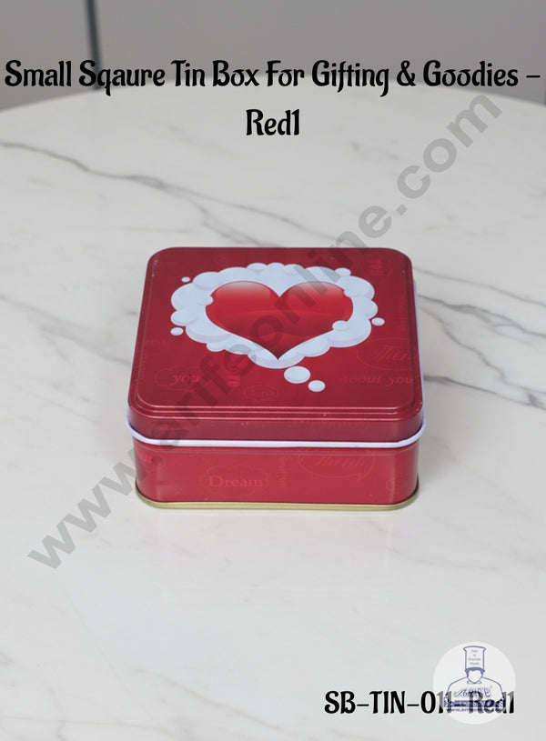 CAKE DECOR™ Small Square Tin Box For Gifting & Goodies - Red1| Gift Box | Chocolate Box | Jewellery Box |SB-TIN-011-Red1