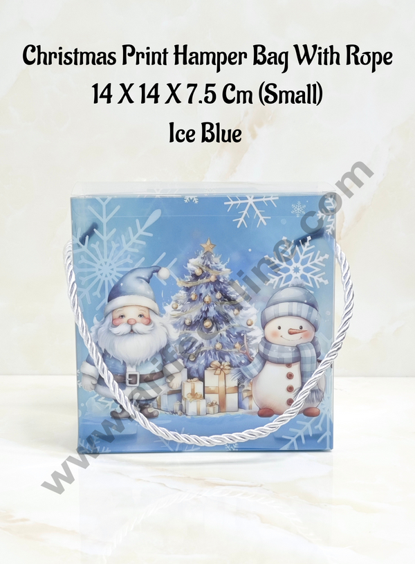 CAKE DECOR™ Christmas Print Hamper Bag With Rope 14 X 14 X 7.5 Cm (Small) - Ice Blue  | Hamper Bag | Gift Box | Gift Bag with Handle (1 Pcs Pack)