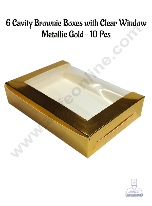 CAKE DECOR™ 6 Cavity Brownie Boxes with Clear Window Metallic Gold | Brownie Carriers - 10 Pcs Pack