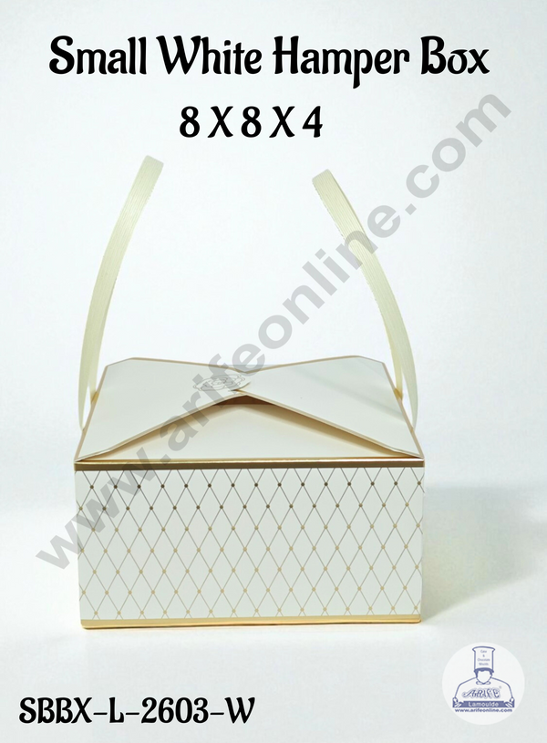 Small White Luxury Hamper Box with Handles | 8 x 8 x4 Premium Gifting Box | Decorative Packaging Box | 1 Pc Pack - CAKE DECOR™