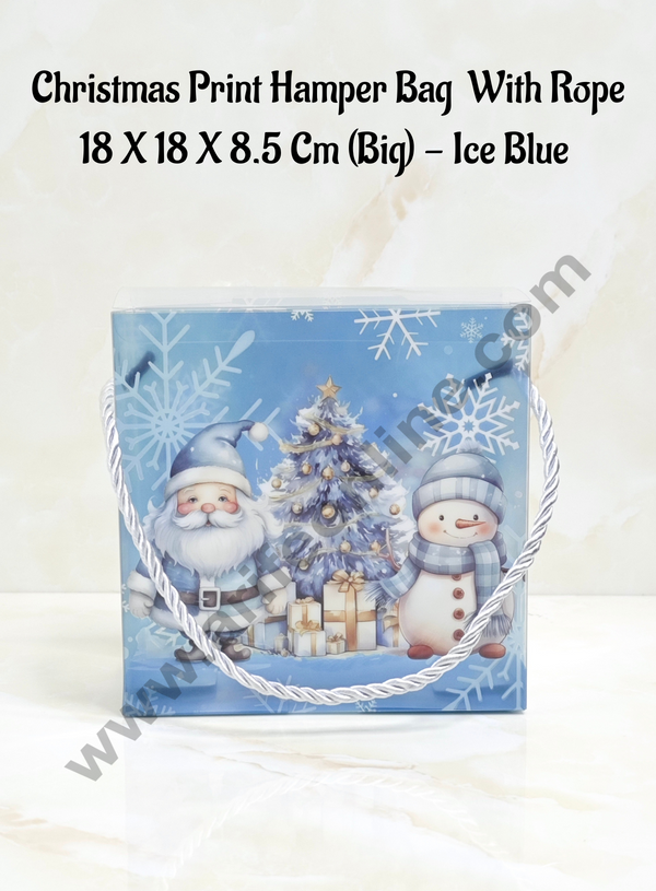 CAKE DECOR™ Christmas Print Hamper Bag With Rope 18 X 18 X 8.5 Cm (Big) - Ice Blue  | Hamper Bag | Gift Box | Gift Bag with Handle (1 Pcs Pack)